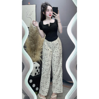 Set đồ nữ áo bbtee cúc gợi cảm kèm quần suôn dáng dài chất thoáng mát
