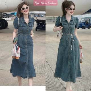 Đầm váy jean dáng dài cổ sơ mi ngắn tay phối đường cút và túi lưng có chun co dãn form 40-58kg