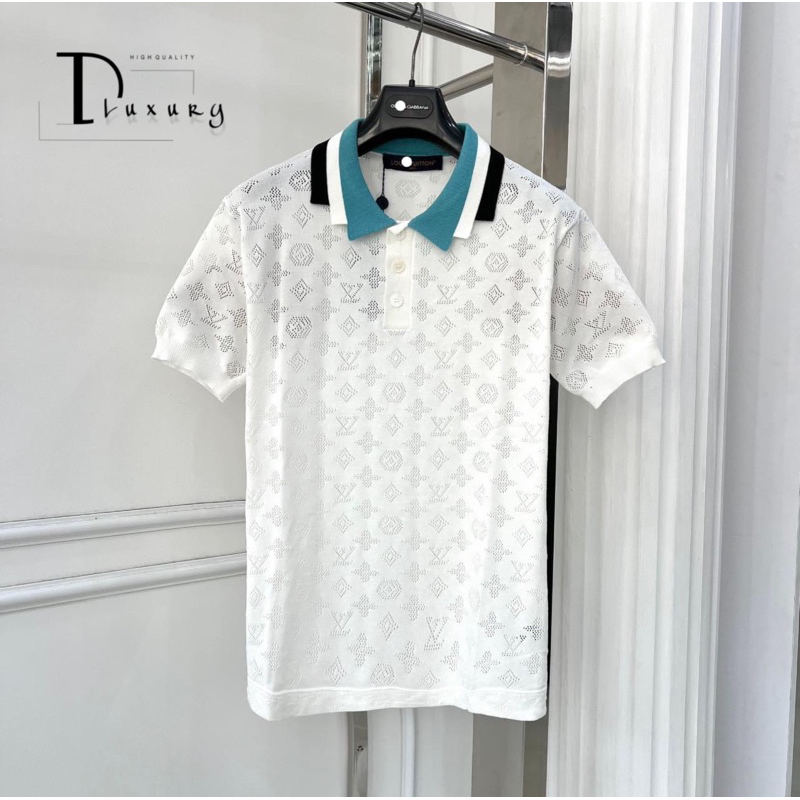 ⚜️[HÀNG CAO CẤP] - Áo Polo Lui... Trắng Hoạ Tiết Hoa Lưới Monogram - Polo Trắng Phối Cổ Xanh Nam Nữ 