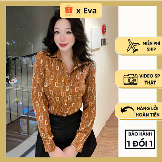 Áo sơ mi nữ lụa dài tay họa tiết màu nâu, Sơ mi Nữ Tay Dài Lụa Hàn