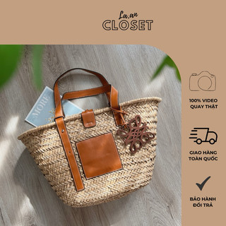 Túi cói quai da form rộng kèm tag gỗ cao cấp dây khóa thắt - La.an closet
