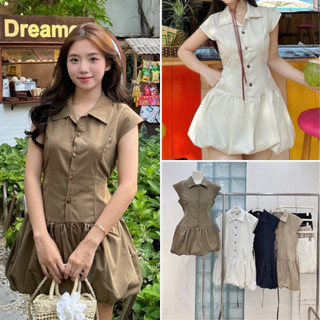 Đầm Cổ Sơ Mi Tay Hến Dáng Bí Phối Cúc Gỗ Kèm Quần Bảo Hộ Mặc Mùa Hè, Labibi