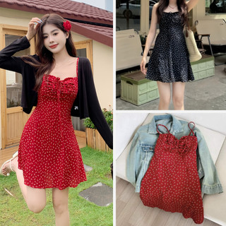 Váy 2 Dây Hoa Nhí Rút Ngực Lưng Chun Co Dãn, Đầm Mặc Hè Hai Màu Đỏ Đen Siêu Xinh, Labibi
