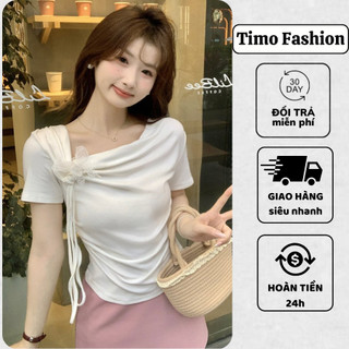 Áo thun nữ ngắn tay TIMO, Áo kiểu nữ có dây buộc nơ, dây rút bên eo, cổ vuông, vải thun tăm cho giãn, AOT139