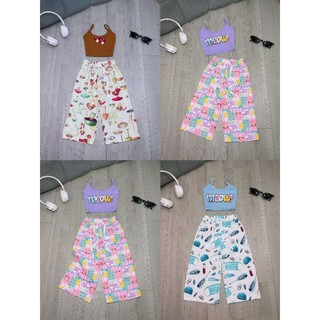 Set bộ áo hai dây croptop phối quần suông hoạ tiết