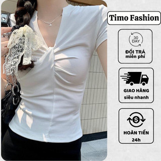 Áo kiểu nữ ngắn tay TIMO, Áo thun nữ cổ V, phối dây cách điệu, sang trọng, mặc đi chơi dự tiệc, Style Hàn Quốc, AOT140