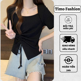 Áo thun nữ ngắn tay TIMO, Áo kiểu nữ có dây rút eo, dáng ôm, chất vải thun co giãn phong cách Hàn Quốc, AOT135