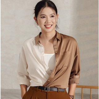 Áo Sơ Mi Nữ Phối 2 Màu Cá Tính Sơ Mi Lụa Dài Tay Năng Động Thanh Lịch VIEN TRAN V61H24Q015