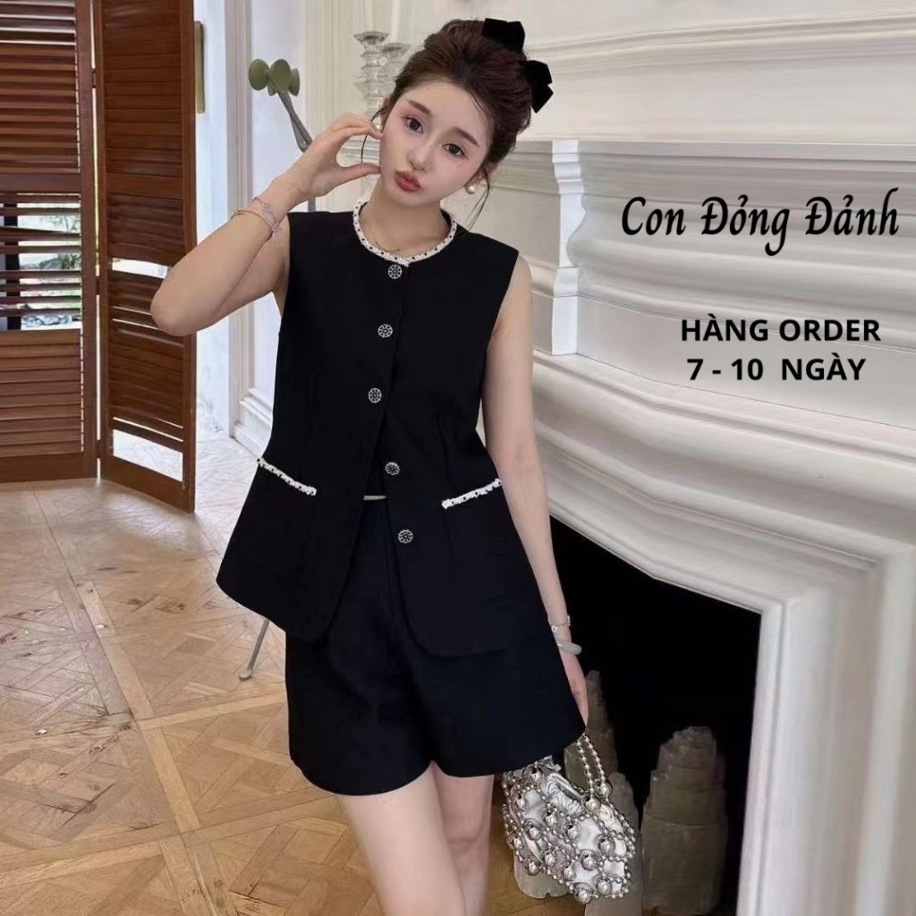 [ORDER] Set Áo Gile Nữ Kèm Quần Sooc Thiết Kế - Bộ Áo Quần Cộc Tay Cổ Tròn Quần Âu Ngắn Màu Đen MSan