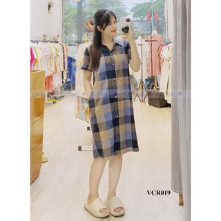 ĐẦM BẦU 🚛FREESHIP🚛 Váy caro xanh đen dáng sơ mi cổ đức tay dài sz S