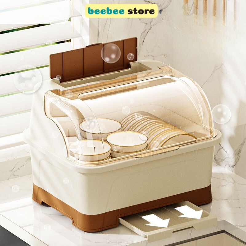 Kệ Úp Bát Đĩa Bằng Nhựa Có Khe Thoát Nước, Hộp Đựng Bát Đĩa Có Nắp Đậy Chống Côn Trùng Bụi Bẩn GB005