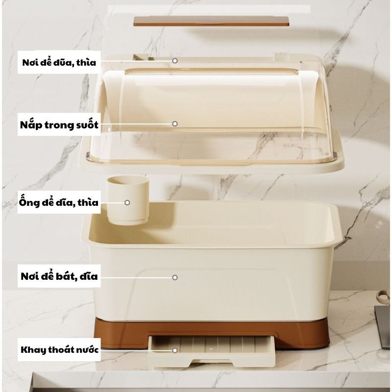 Kệ Úp Bát Đĩa Bằng Nhựa Có Khe Thoát Nước, Hộp Đựng Bát Đĩa Có Nắp Đậy Chống Côn Trùng Bụi Bẩn GB005
