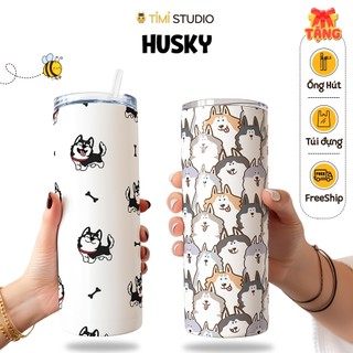 Bình Giữ Nhiệt Hình Chó Husky - 600ml - Inox 304 - Tặng Túi Xách - Tỉ Mỉ Studio