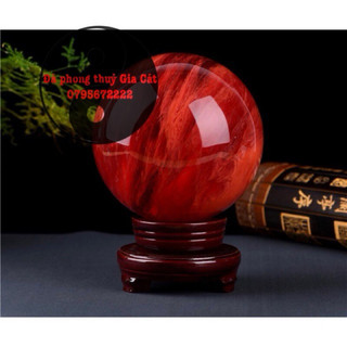 Bi cầu thuỷ tinh đá núi lửa đỏ kèm đế gỗ xoay hàng đẹp đường kính 8cm 15cm