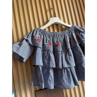 (Thanh lý đồ cá nhân) Áo caro tầng thêu hoa