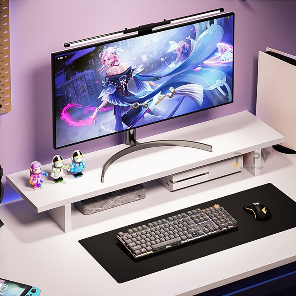 Kệ màn hình máy tính LED  sạc không dây USB giá đỡ màn hình pc decor bàn kệ để máy tính gỗ trắng | BigBuy360 - bigbuy360.vn