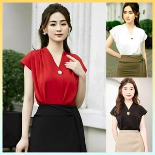  Áo sơ mi kiểu nữ NÚT GIỌT NƯỚC tay CÁNH DƠI cổ V sang trọng - L2M