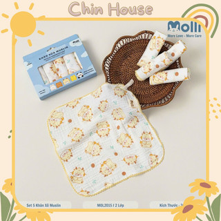 Set 5 khăn sữa xô muslin Molli cho bé, hộp 5 khăn đa năng xô muslin hoạ tiết đáng yêu cho bé