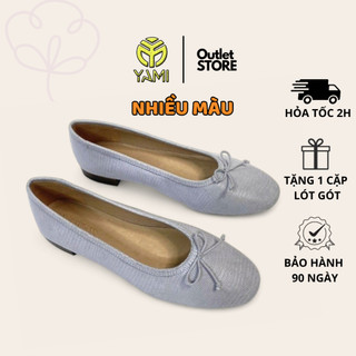 Giày búp bê nữ, giày bệt nữ hàng hiệu da thật mũi tròn thắt nơ, giày búp bê big size màu xanh cam, giày xuất dư yami