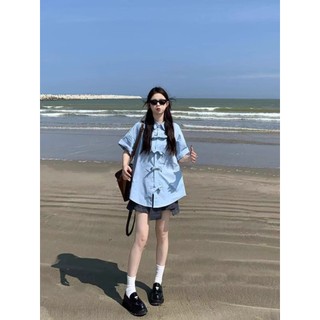 (ORDER) Áo sơ mi cộc tay form rộng dài oversize màu xanh dương nhạt khuy đính nơ độc đáo hàng QC cao cấp