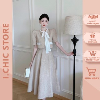 Set Áo Váy 2 Màu Chất Dạ Tweed Váy Trong Sát Nách Xòe 2 Lớp Sang Chảnh Mặc Đi Tiệc S084 ICHIC
