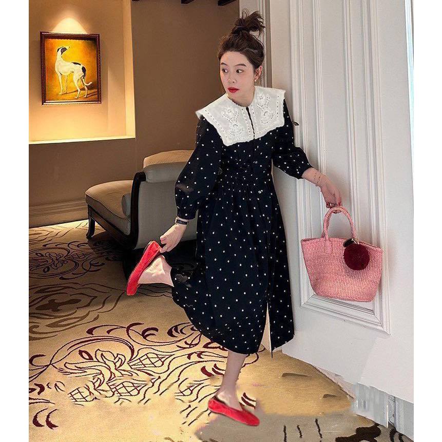 Đầm lụa chấm bi phối thô ren 1 màu V3017 Aholic