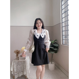 ĐẦM ĐEN PHỐI CỔ PETER TRẮNG ĐÍNH HOA