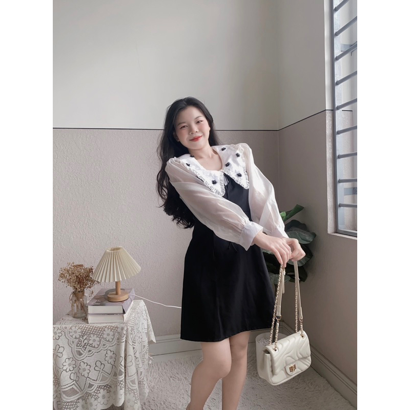 ĐẦM ĐEN PHỐI CỔ PETER TRẮNG ĐÍNH HOA
