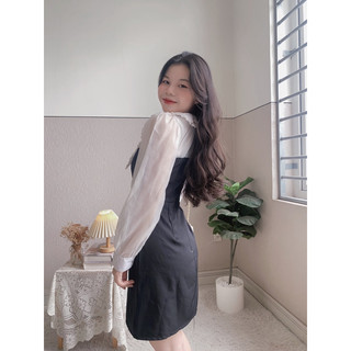 ĐẦM ĐEN PHỐI CỔ PETER TRẮNG ĐÍNH HOA