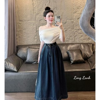 Set bộ đồ áo cộc tay trễ vai kèm chân váy dáng dài, Set đồ nữ áo tay ngắn hở vai phối chân váy dáng dài tiểu thư