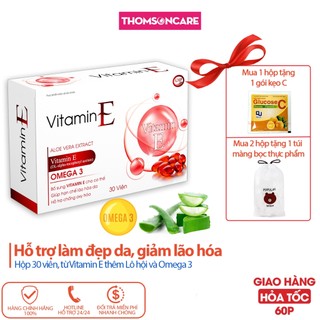 Vitamin E đỏ thêm Omega 3 - Hộp 30 viên uống e 400 e4 , hỗ trợ làm đẹp da, ngăn ngừa lão hóa từ Lô hội - Thomsoncare