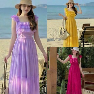  Đầm váy nữ maxi họa tiết phối viền cánh tiên xếp bèo ( có lót ) nhiều màu tôn da trẻ trung thanh lịch đi biển