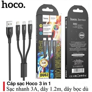  Cáp sạc 3 trong 1 Hoco DU02 sạc nhanh 3A sạc cùng lúc 3 thiết bị Micro+Type-C+Ln dây dài 1m2. 