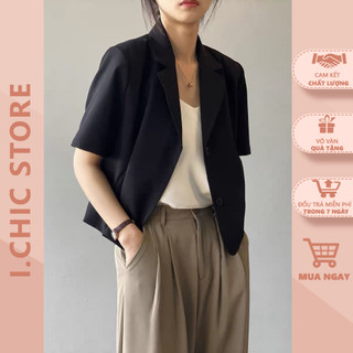 Áo khoác vest blazer cộc tay 2 màu ve032 dáng suông ngăn trẻ trung 2 lớp vạt tròn túi cách điệu ichic