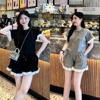 Set đồ nữ áo thun kèm quần đùi viền ren, áo cổ tròn nữ quần short viền bèo TS23