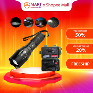 Đèn pin mini siêu sáng mini cầm tay, đèn led XML T6 full box hộp kèm pin và sạc vỏ kim loại chắc chắn, chống nước