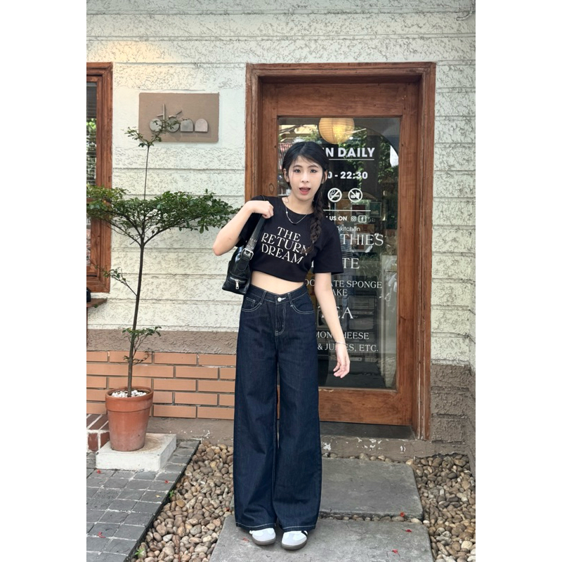 𝐌𝐢𝐧𝐢 𝐇𝐨𝐮𝐬𝐞c - Quần Ống Rộng Lưng Cao Xanh Chỉ Trắng MINI09 Jeans Premium | BigBuy360 - bigbuy360.vn