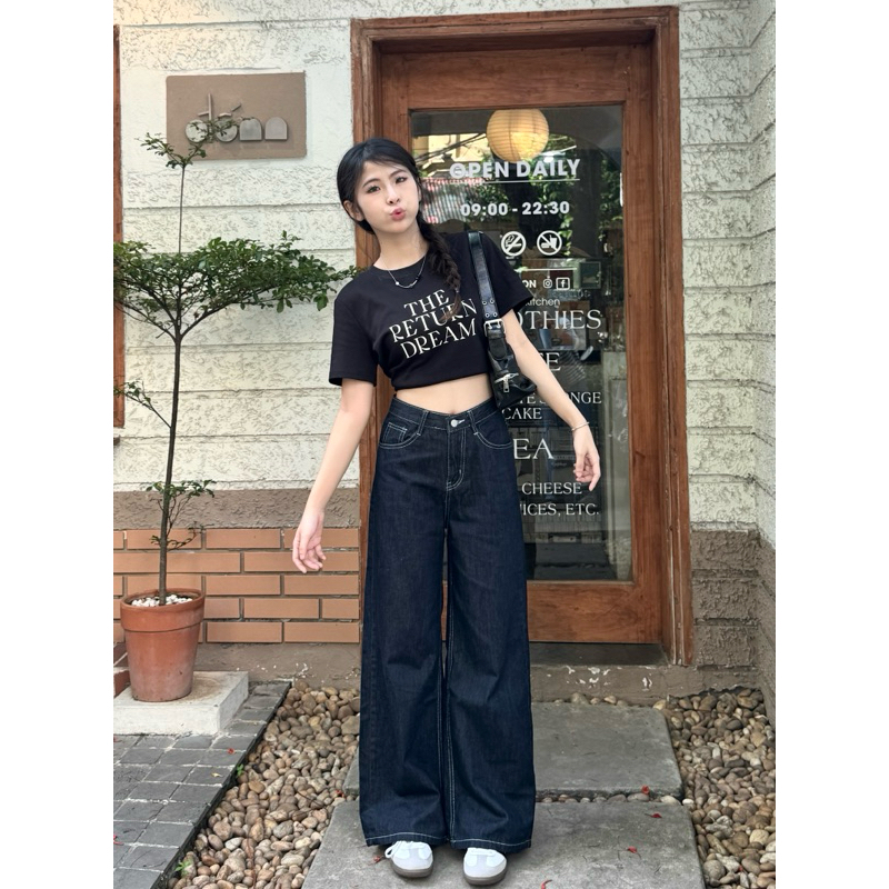 𝐌𝐢𝐧𝐢 𝐇𝐨𝐮𝐬𝐞c - Quần Ống Rộng Lưng Cao Xanh Chỉ Trắng MINI09 Jeans Premium | BigBuy360 - bigbuy360.vn