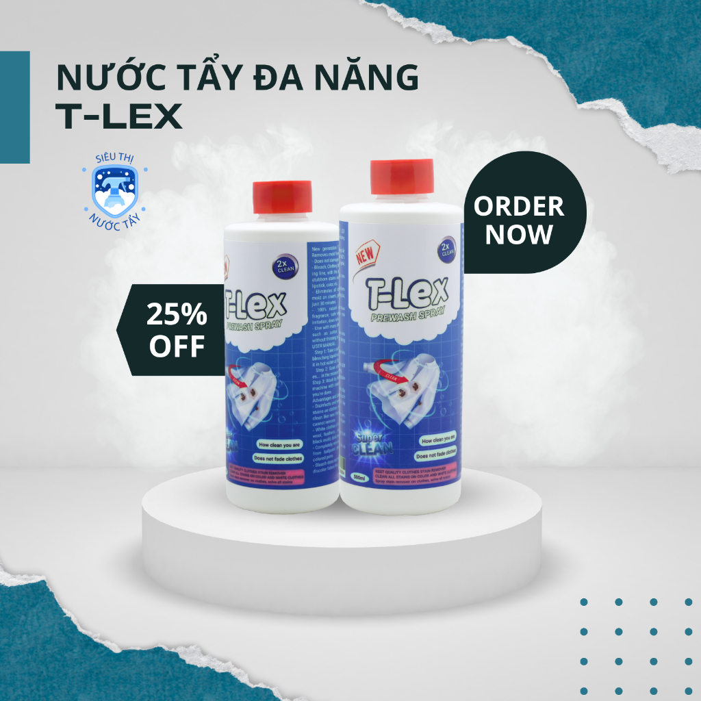 Nước Tẩy Trắng Quần Áo Thế Hệ Mới T-LEX 500ml Tẩy Mốc Quần Áo, Ố Vàng, Không Phai Màu Vải CHÍNH HÃNG Kèm Vòi Xịt