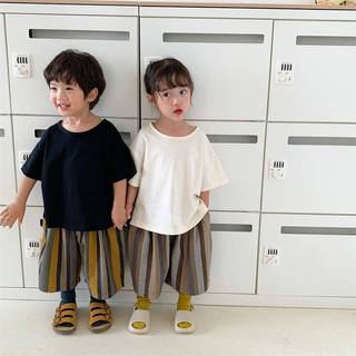 Set áo phông trơn quần kẻ sọc đũi style Hàn cho bé