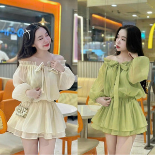 Đầm thời trang nữ mặc đi chơi bẹt vai phối nơ tay dài chất vải voan tơ nến 3 tầng có lót quần,.