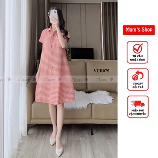 Váy bầu thiết kế mum's shop vcr075-kẻ caro cam cổ đức
