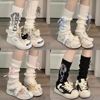 Tất ống chân vớ nữ đen trắng có dây cột nơ phong cách y2k Lolita unisex cao cổ