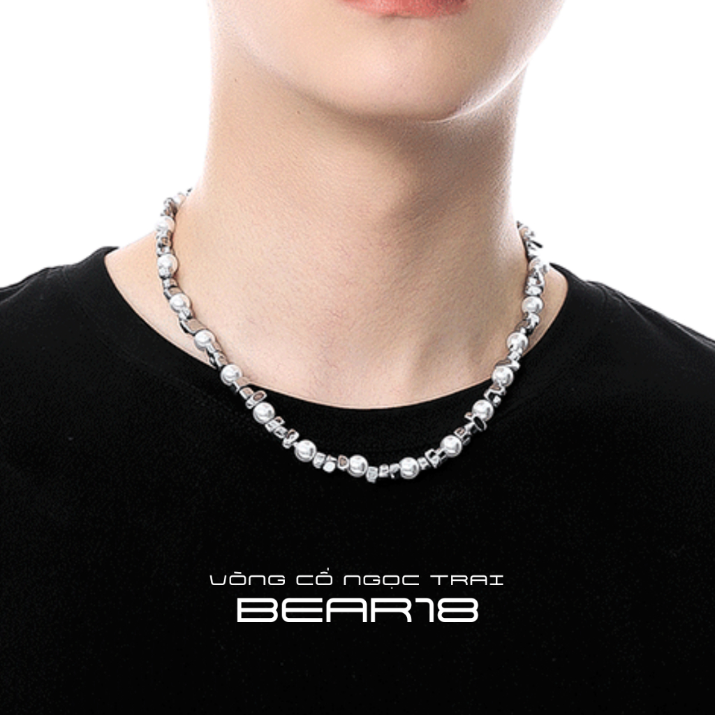 Vòng cổ ngọc trai nam, dây chuyền THÉP TITAN KHÔNG GỈ ngọc trai nhân tạo màu trắng và đen hiphop cá 