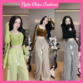Set đồ nữ áo cổ vuông tay dài croptop + quần suông kẻ sọc lưng thun có túi freesize 38-55kg