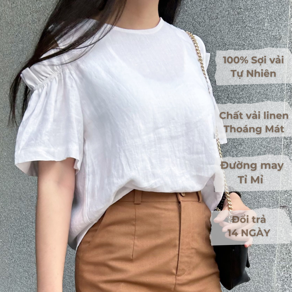 Áo Nữ Linen trễ vai tay phồng rộng rãi thoáng mát LINEN1992 - Linen 100% Màu Trắng, Xanh đen, Be