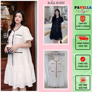 Váy bầu xinh PAVELLA , đầm bầu công sở dáng babydoll thiết kế phối ren xinh xắn chất vải đũi cao cấp