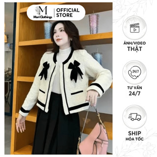 Áo Khoác Dạ Tweet Dáng Ngắn, Áo Cardigan Nữ Croptop Dạ Trắng Họa Tiết NƠ N242 | MORI CLOTHINGS