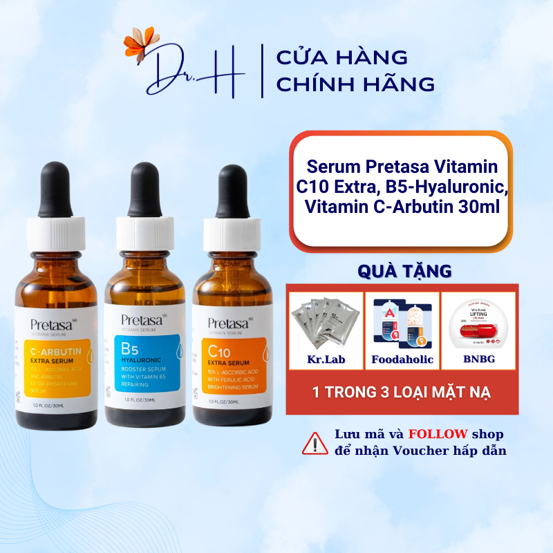 Serum Pretasa Vitamin C10 Extra, B5-Hyaluronic, Vitamin C-Arbutin 30ml dưỡng da trắng sáng, phục hồi
