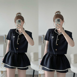 Set Jumpsuit cộc tay cổ sơ mi phối ren kẻ,SET cộc tay đính nơ ngực cổ tàu S97 